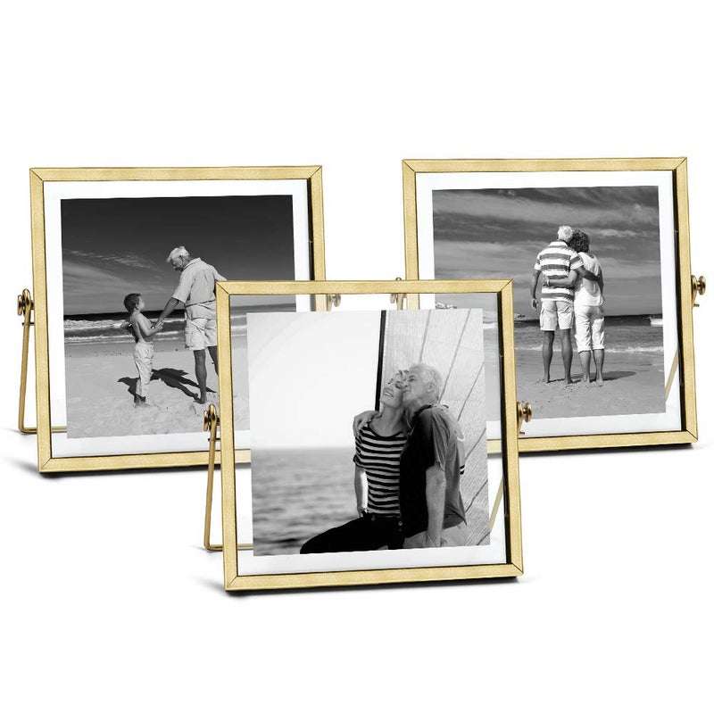 AceList Metal Picture Frames, Set of 3 Ornate Minimal Floating Edge Clear Glass Table Top Easel Stand Photo Frames in Gold, 4 x 4, Assortment Variety - Image 1